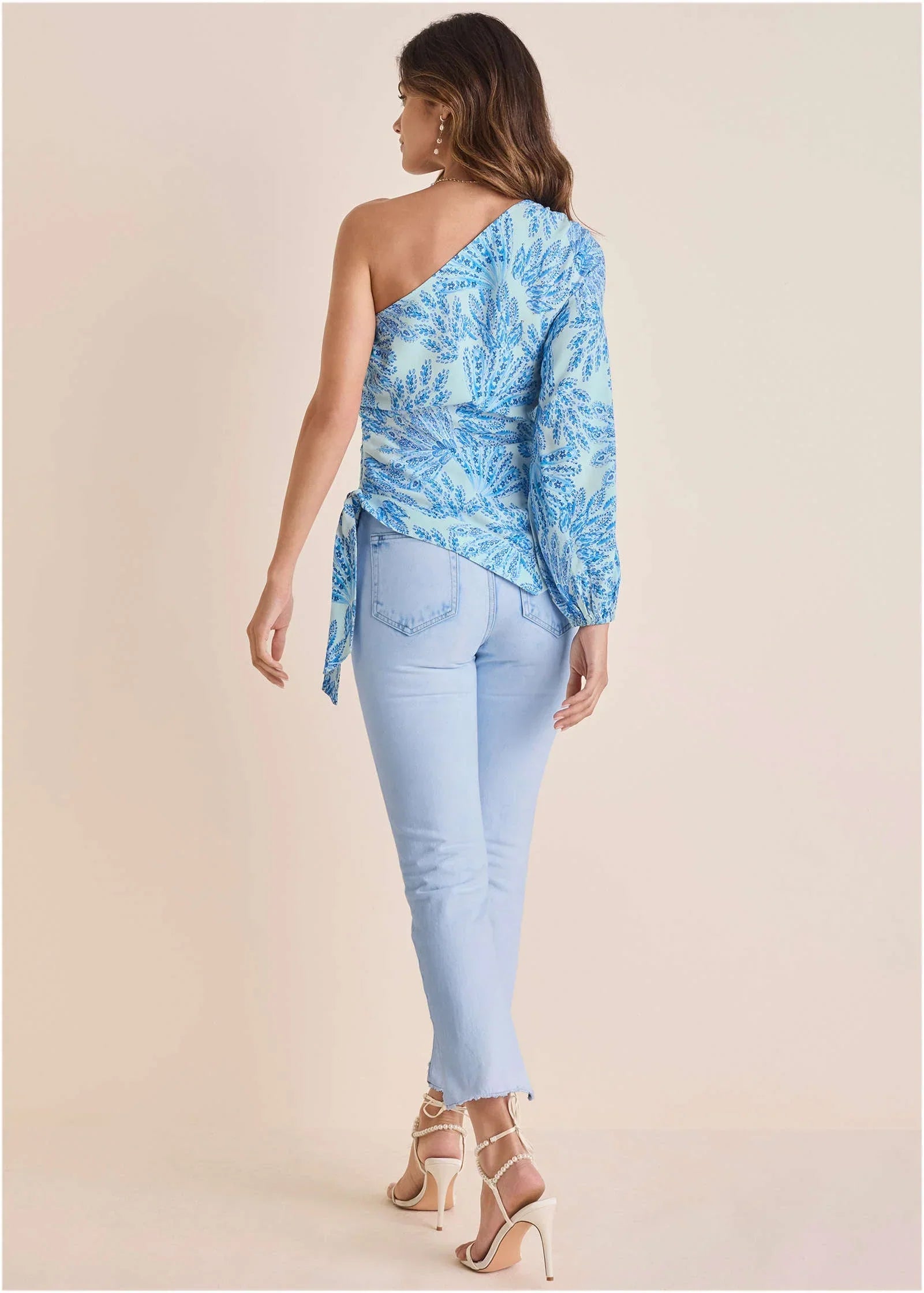Printed One Shoulder Top Blue Fans