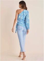 Printed One Shoulder Top Blue Fans