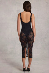 Sheer Lace Scalloped Plunge Bodysuit Midaxi Dress in Black
