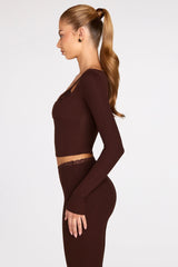 Ribbed Modal Long Sleeve Laced Bra Top in Chocolate Brown