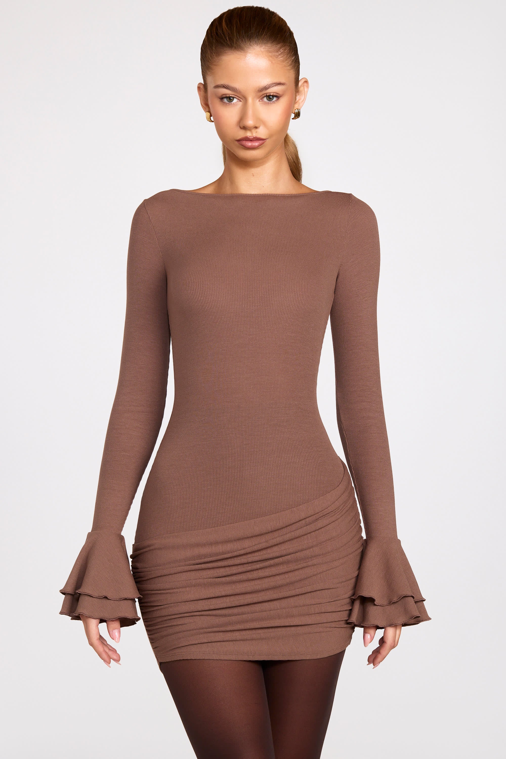 Ribbed Modal Long Sleeve Draped Mini Dress in Mocha