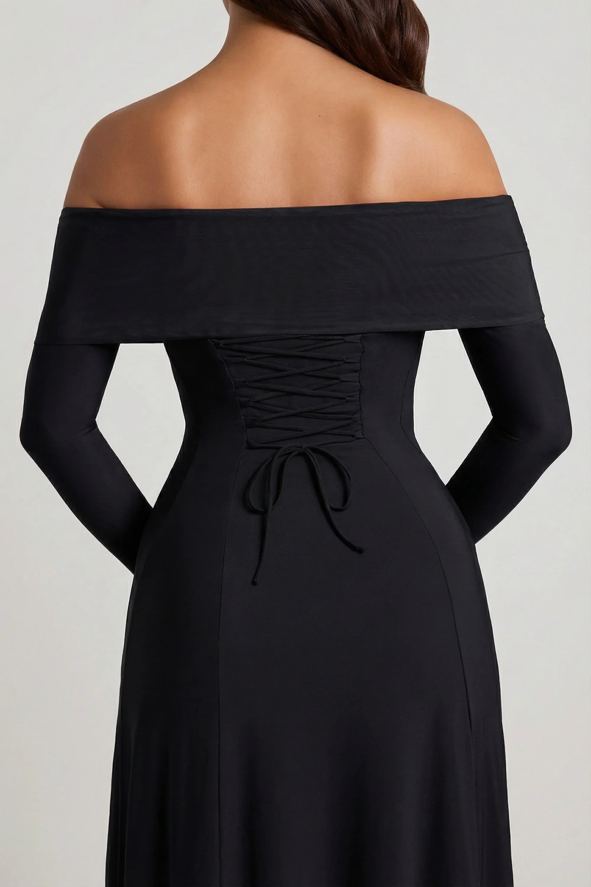 Off Shoulder Lace Up A Line Midaxi Dress in Black