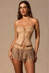 Fringed Low Rise Mini Shorts in Tan