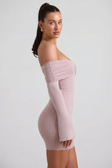 Modal Cashmere Blend Off Shoulder Ruched Mini Dress in Taupe