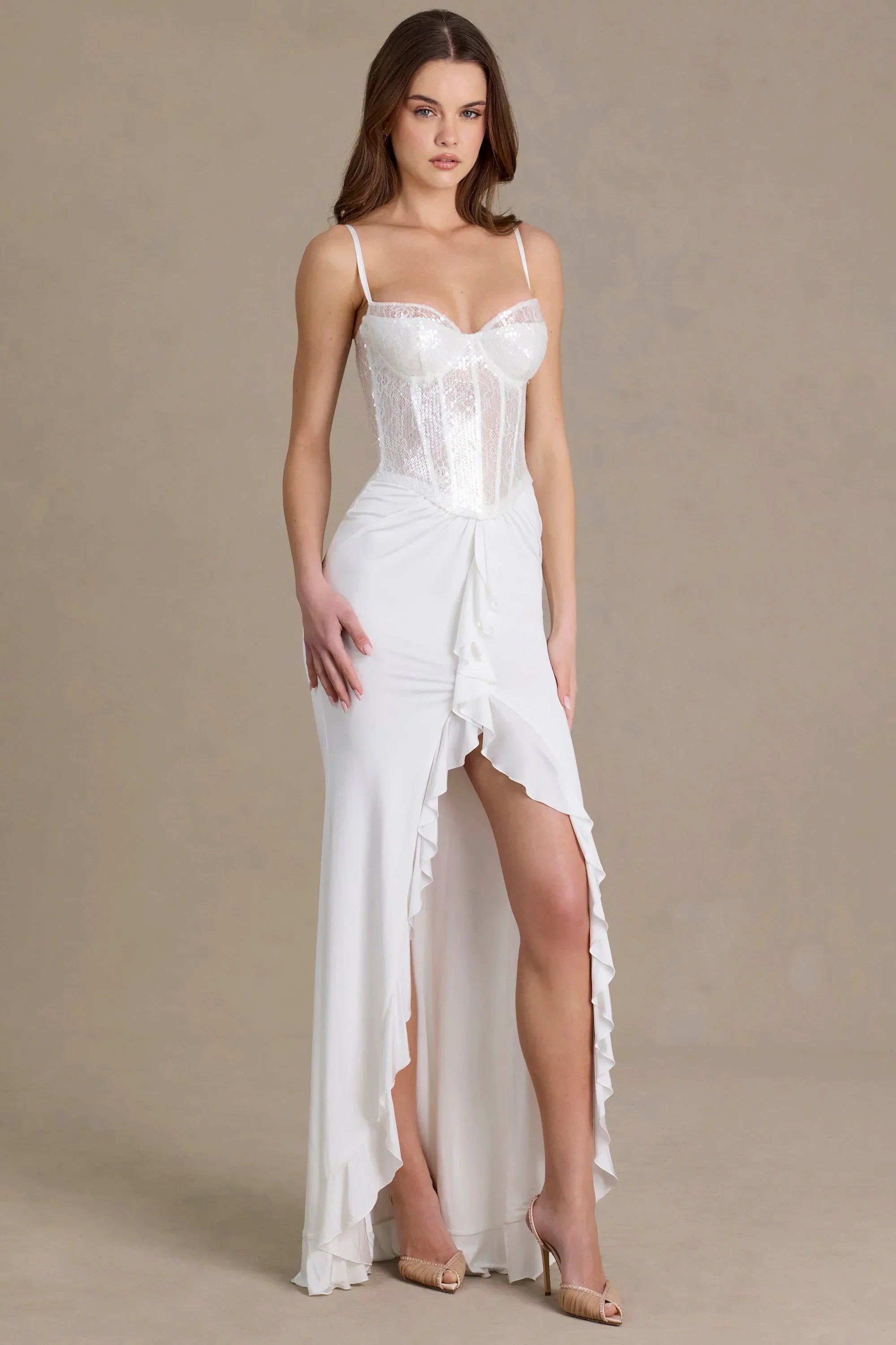 Embellished Lace Corset Gown in Snow