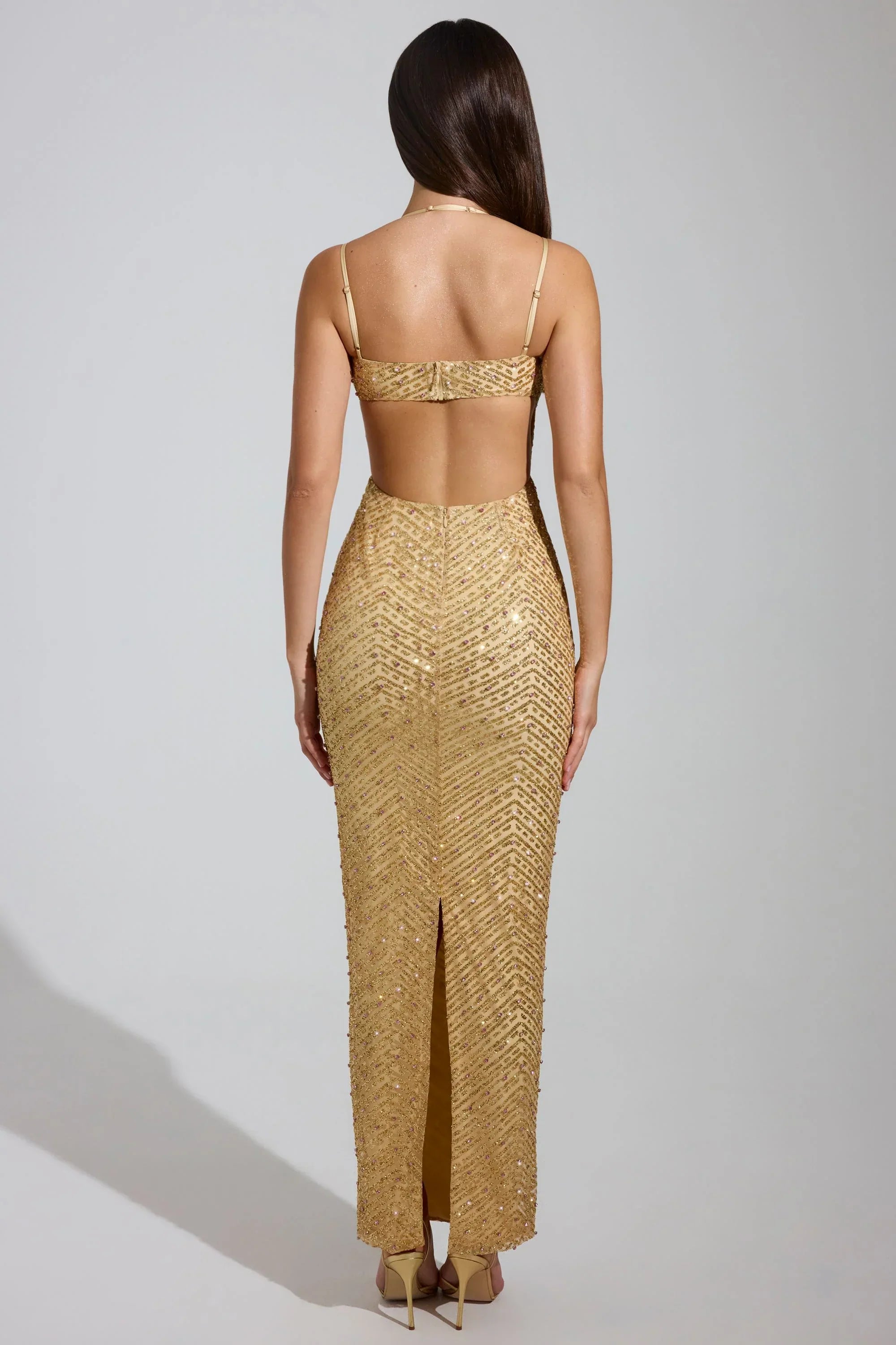 Embellished Cowl Neck Maxi Dress in Gold