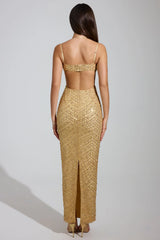 Embellished Cowl Neck Maxi Dress in Gold