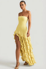Ruffle Trim Strapless Gown in Pastel Yellow