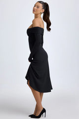 Modal Off Shoulder Ruched Midaxi Dress in Black