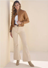 Faux Leather Bomber Jacket Tan