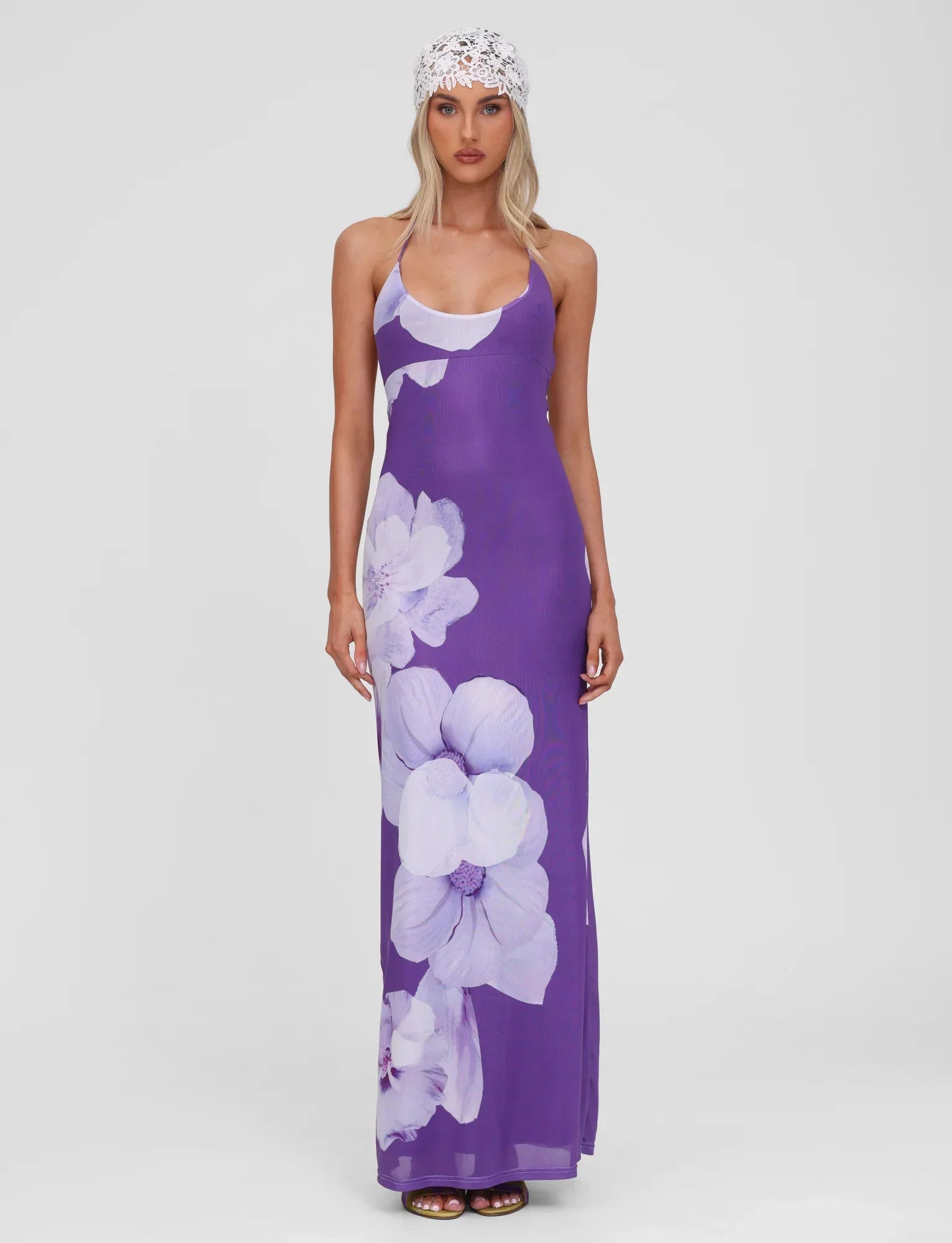 NOUR MESH MAXI DRESS PURPLE MACRO FLORAL