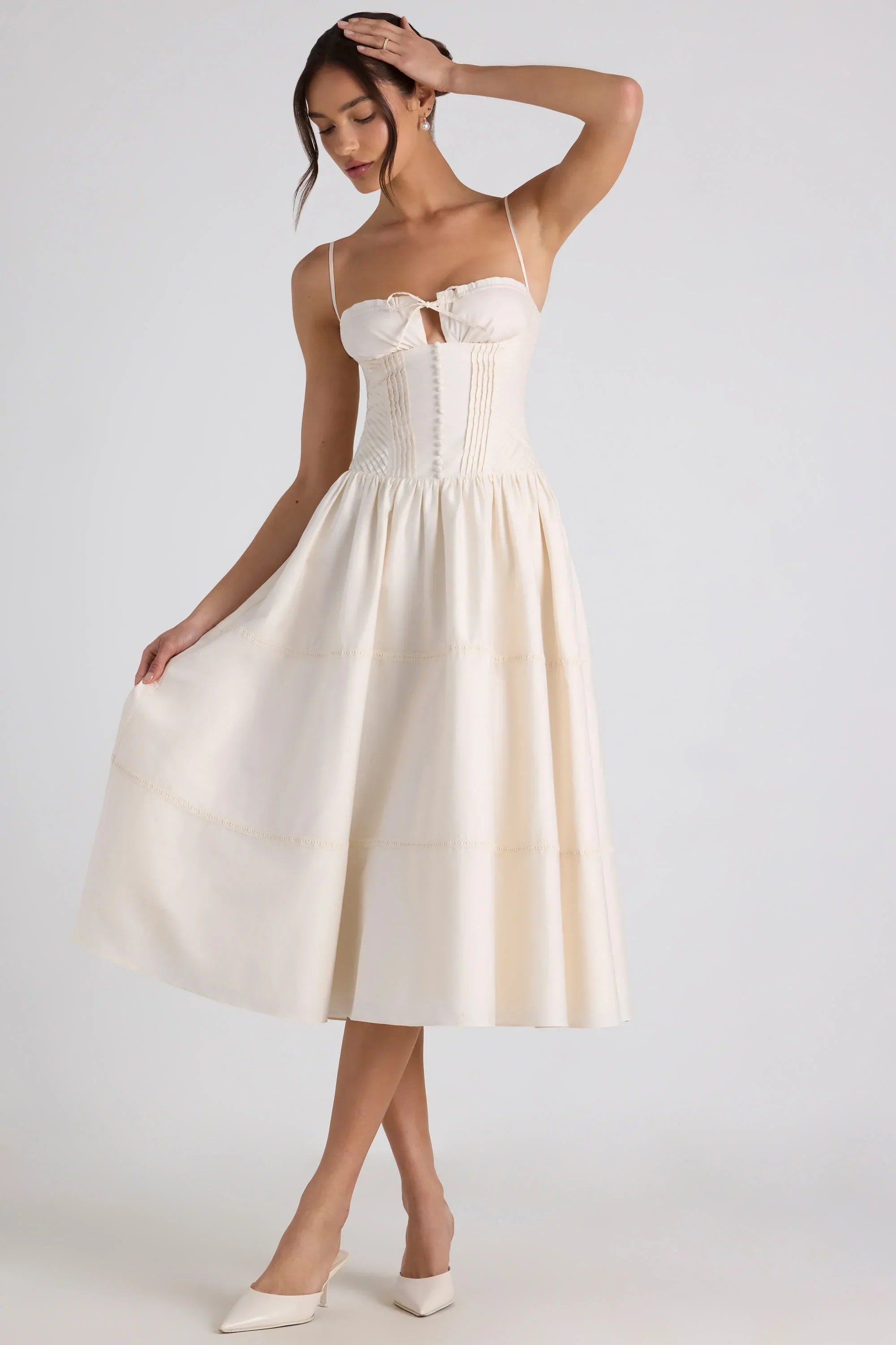 Lace Trim Pintucked Poplin Midaxi Dress in Ivory