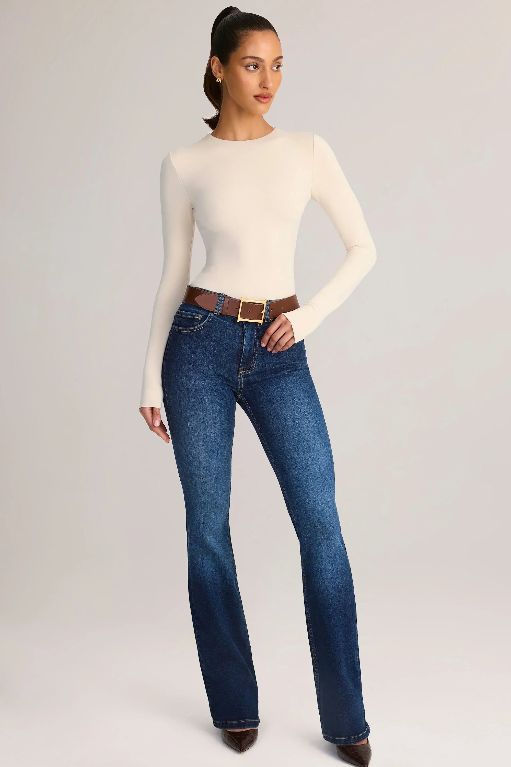Modal Round Neck Long Sleeve Bodysuit in Cream