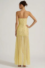 Semi Sheer Embellished Asymmetric Maxi Dress in Yellow