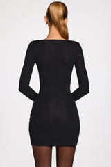 Ribbed Modal Long Sleeve Draped Mini Dress in Black