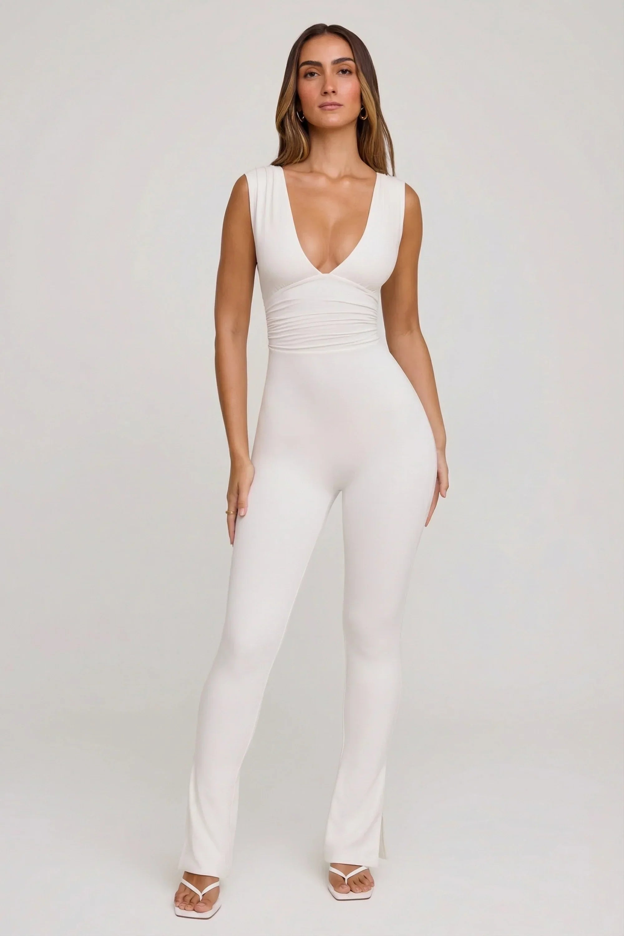 Plunge Neck Ruched Waist Jumpsuit in White