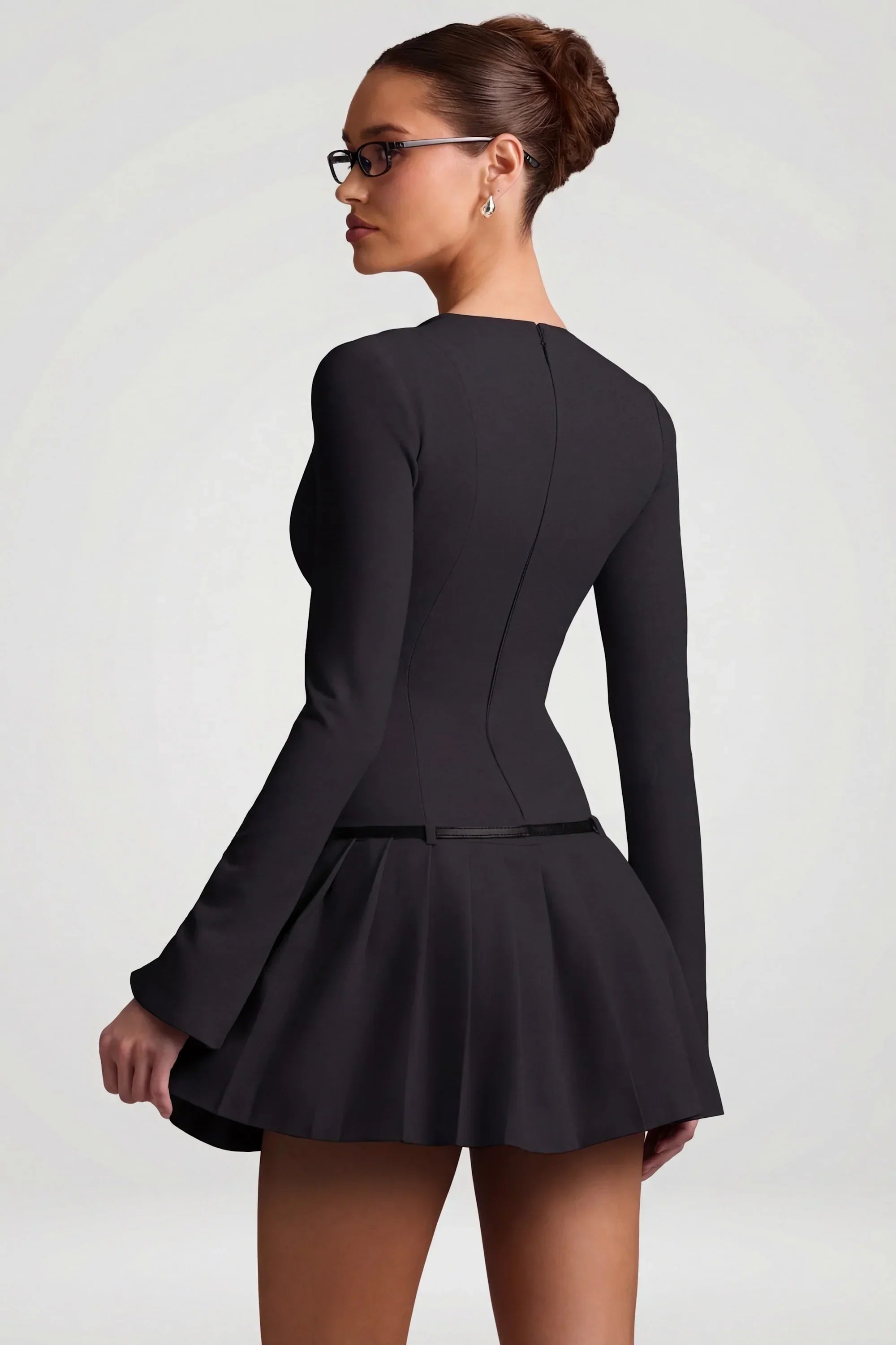 Long Sleeve Pleated Mini Dress in Black