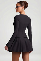 Long Sleeve Pleated Mini Dress in Black