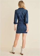 Lace Print Denim Mini Dress Medium Wash