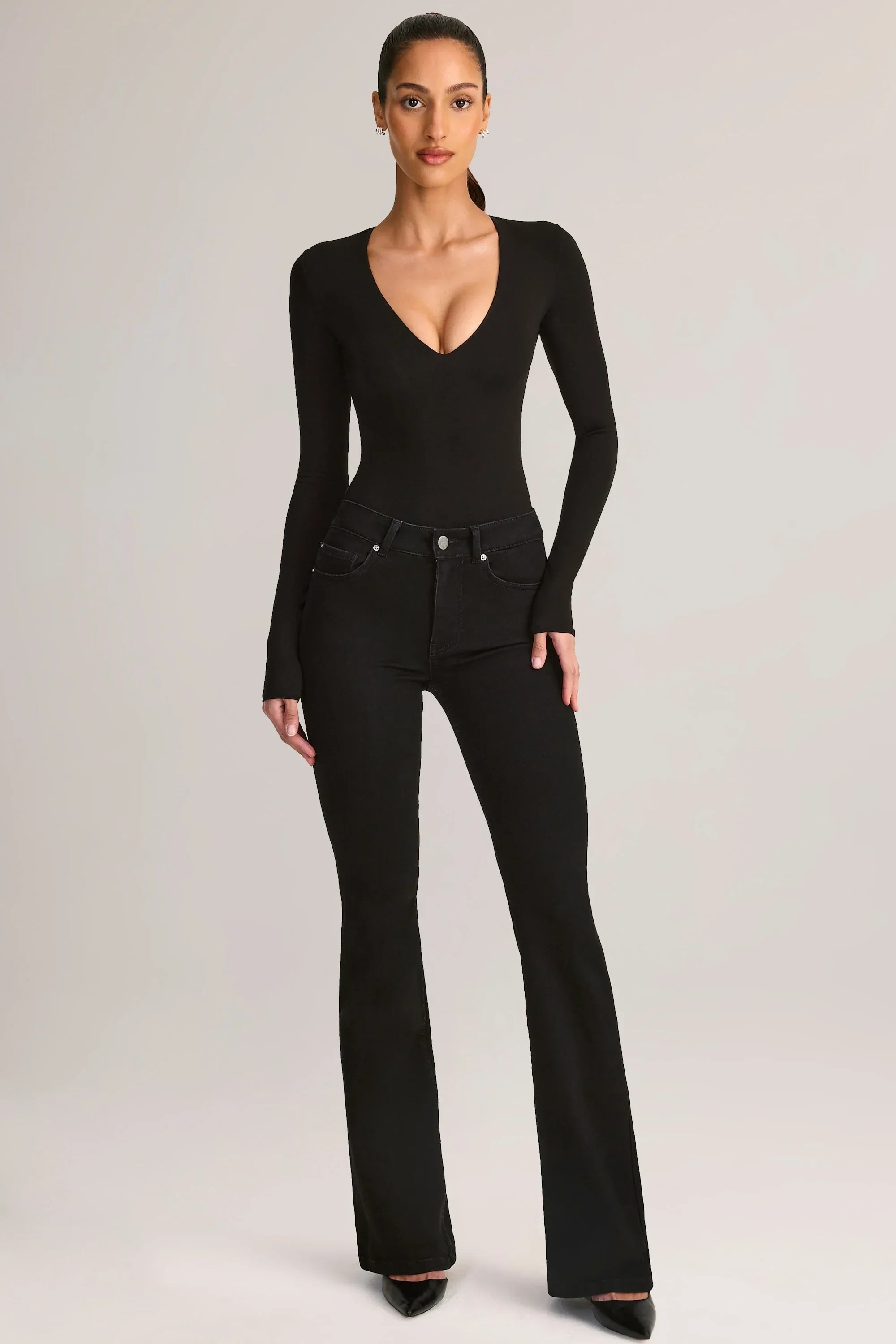 Modal Plunge Long Sleeve Bodysuit in Black