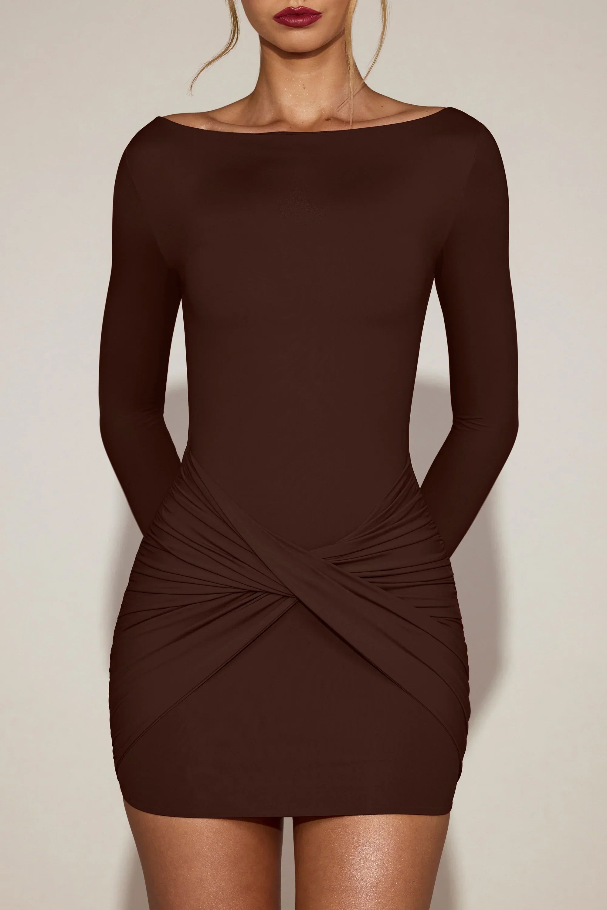 Soft Jersey Boat Neck Draped Mini Dress in Chocolate Brown
