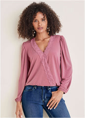 Faux Wrap Lace Trim Blouse Heather Rose