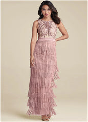 Embroidered Fringe Long Dress Tan
