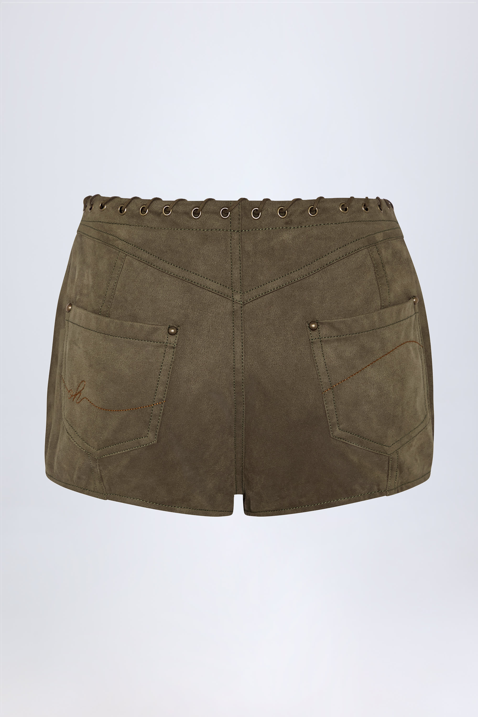 Lace Up Mid Rise Shorts in Dark Khaki