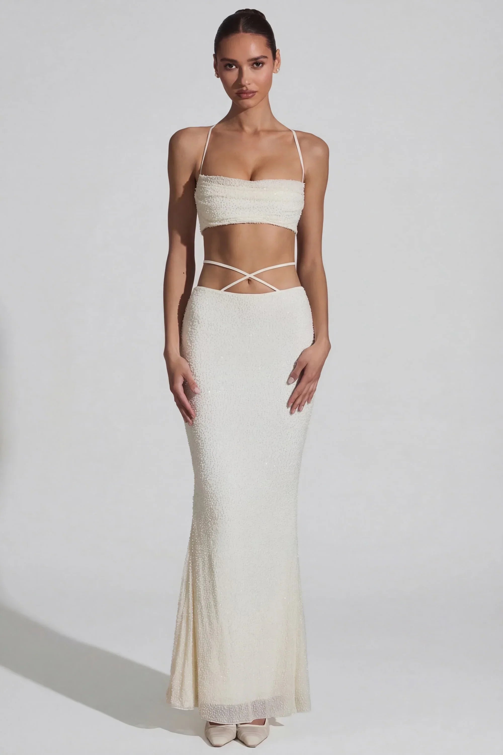 Embellished Cross Back Crop Top in White