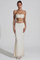Embellished Cross Back Crop Top in White