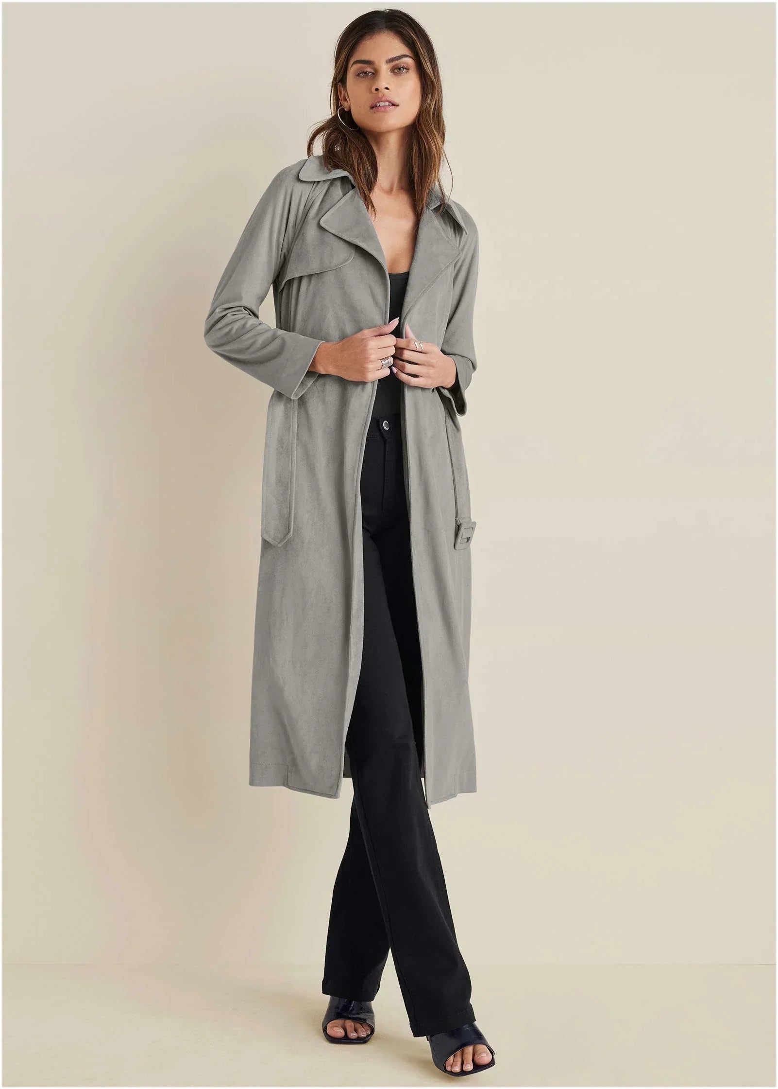 Faux Suede Trench Coat Grey