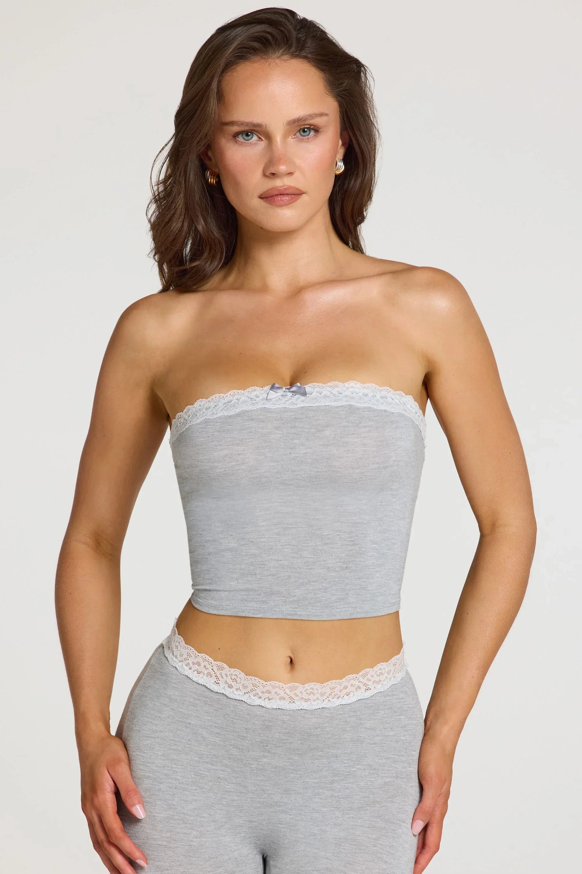 Modal Lace Trim Bandeau Top in Grey Marl