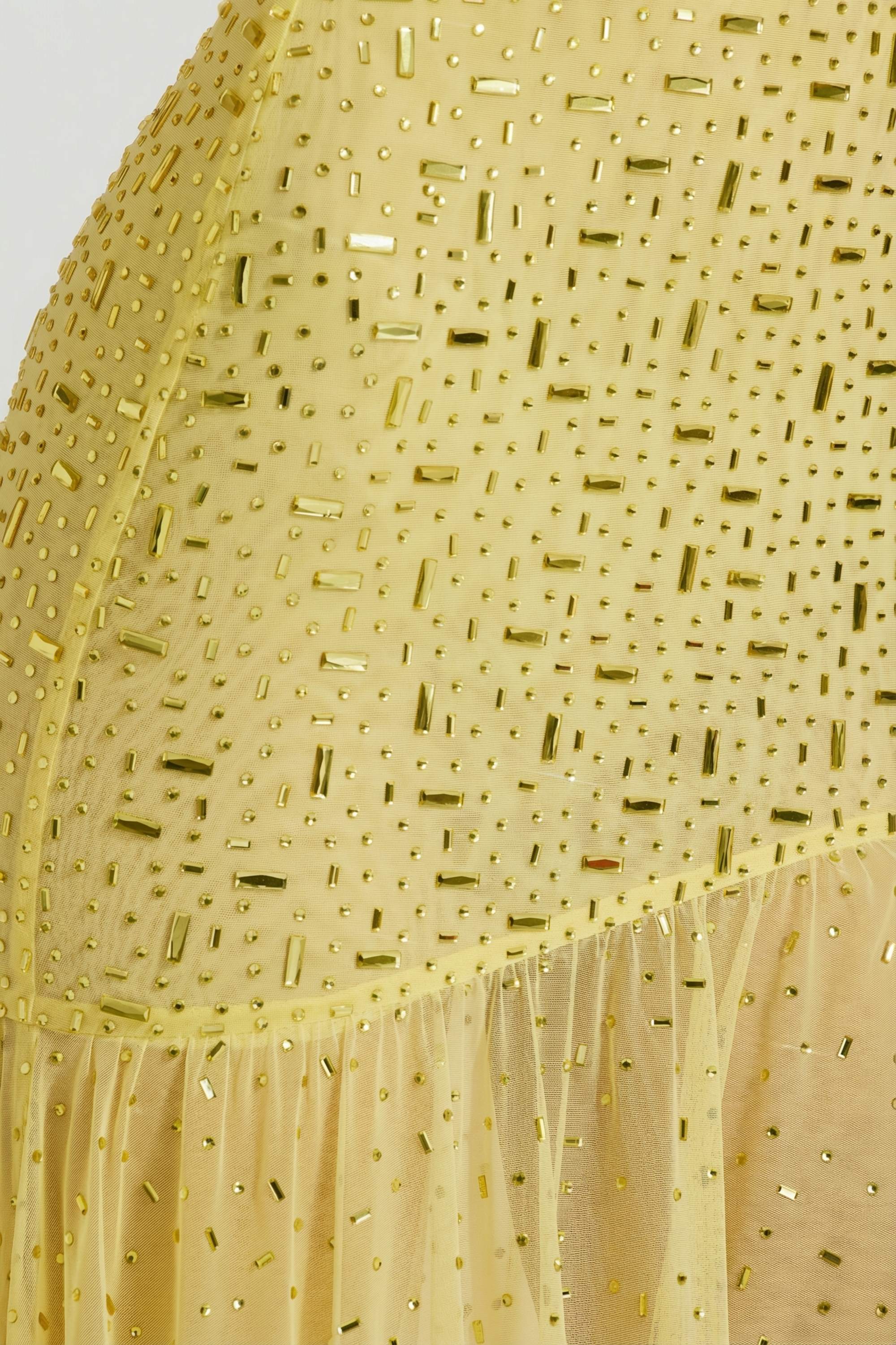 Semi Sheer Embellished Asymmetric Maxi Dress in Yellow