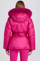 Waterproof Faux Fur Hood Ski Jacket in Magenta Pink