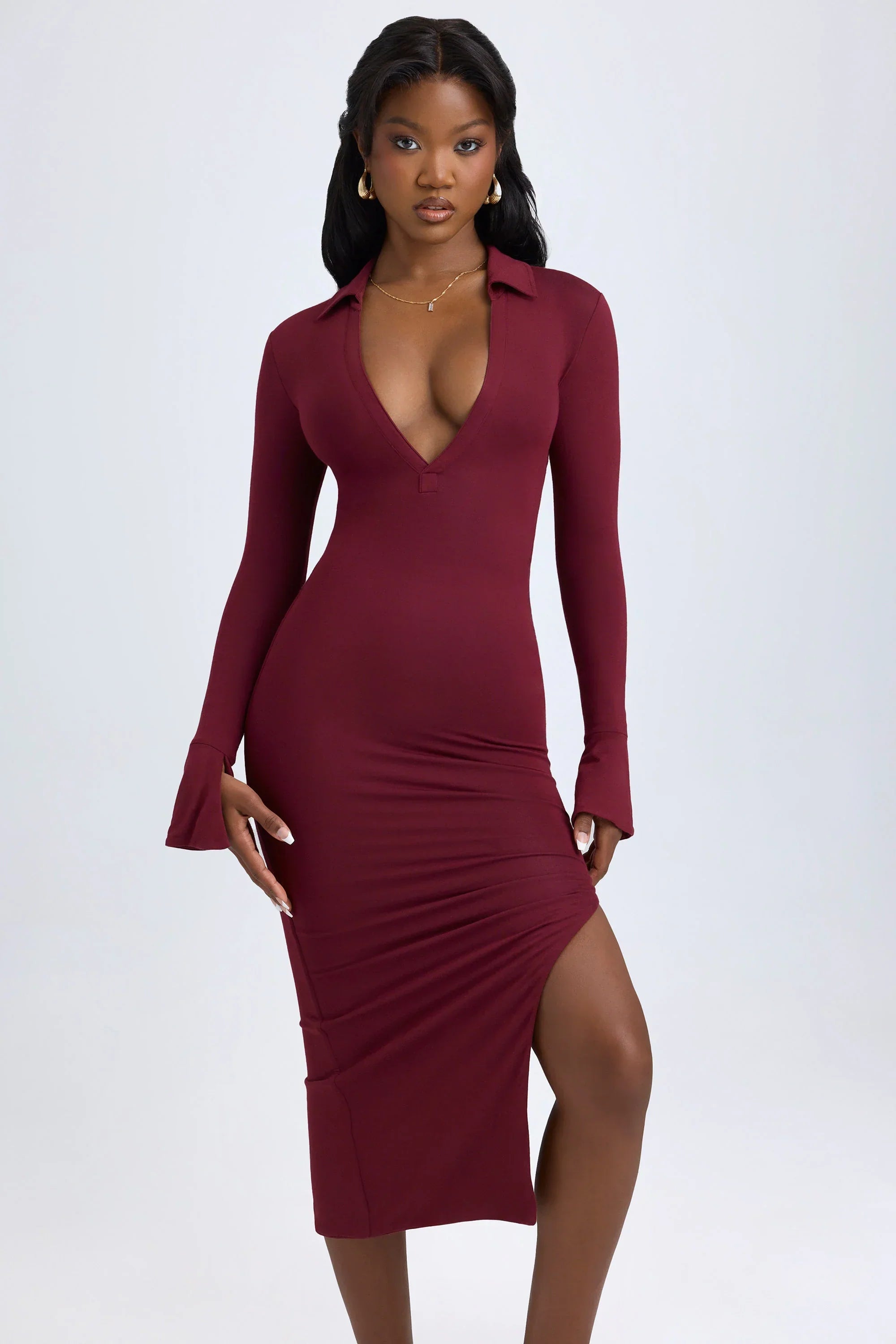Modal Plunge V Neck Midaxi Dress in Wine Red