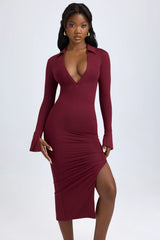 Modal Plunge V Neck Midaxi Dress in Wine Red