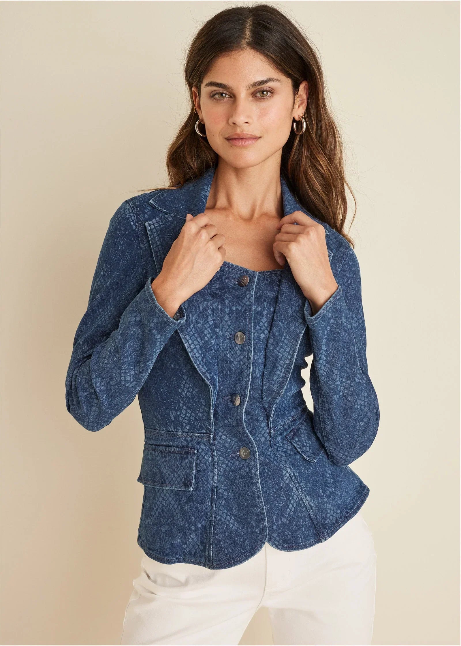 Lace Print Denim Blazer Medium Wash