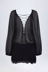 Lace Up Balloon Sleeve Mini Dress in Black
