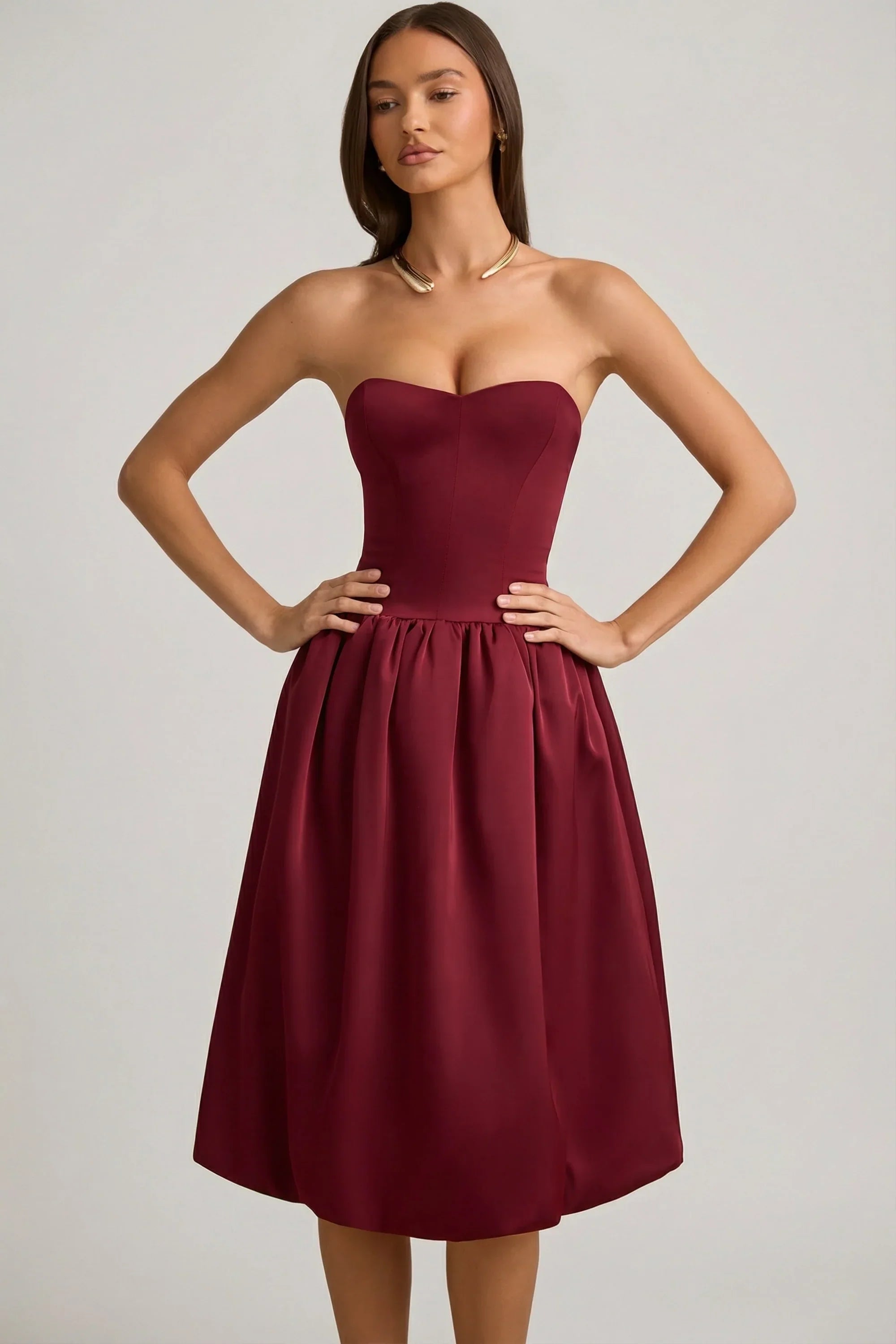 Convertible Bow Detail Bubble Hem Midaxi Dress in Wine Red