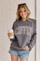 Coffee Leopard Print Dark Grey Graphic Sweatshirt