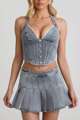 Low Rise Pleated Mini Skirt in Light Blue