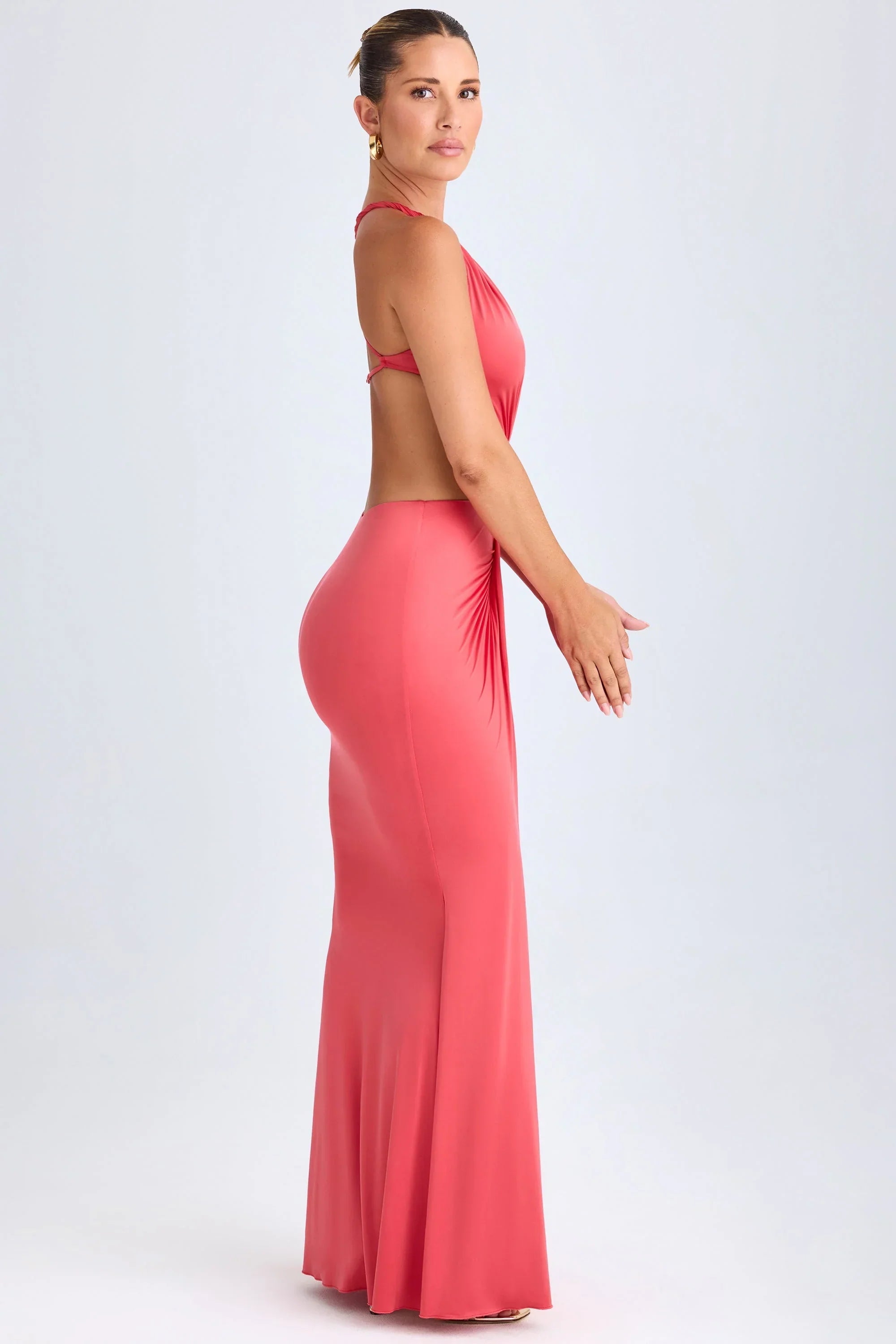 Hardware Detail Cut Out Halterneck Maxi Dress in Coral