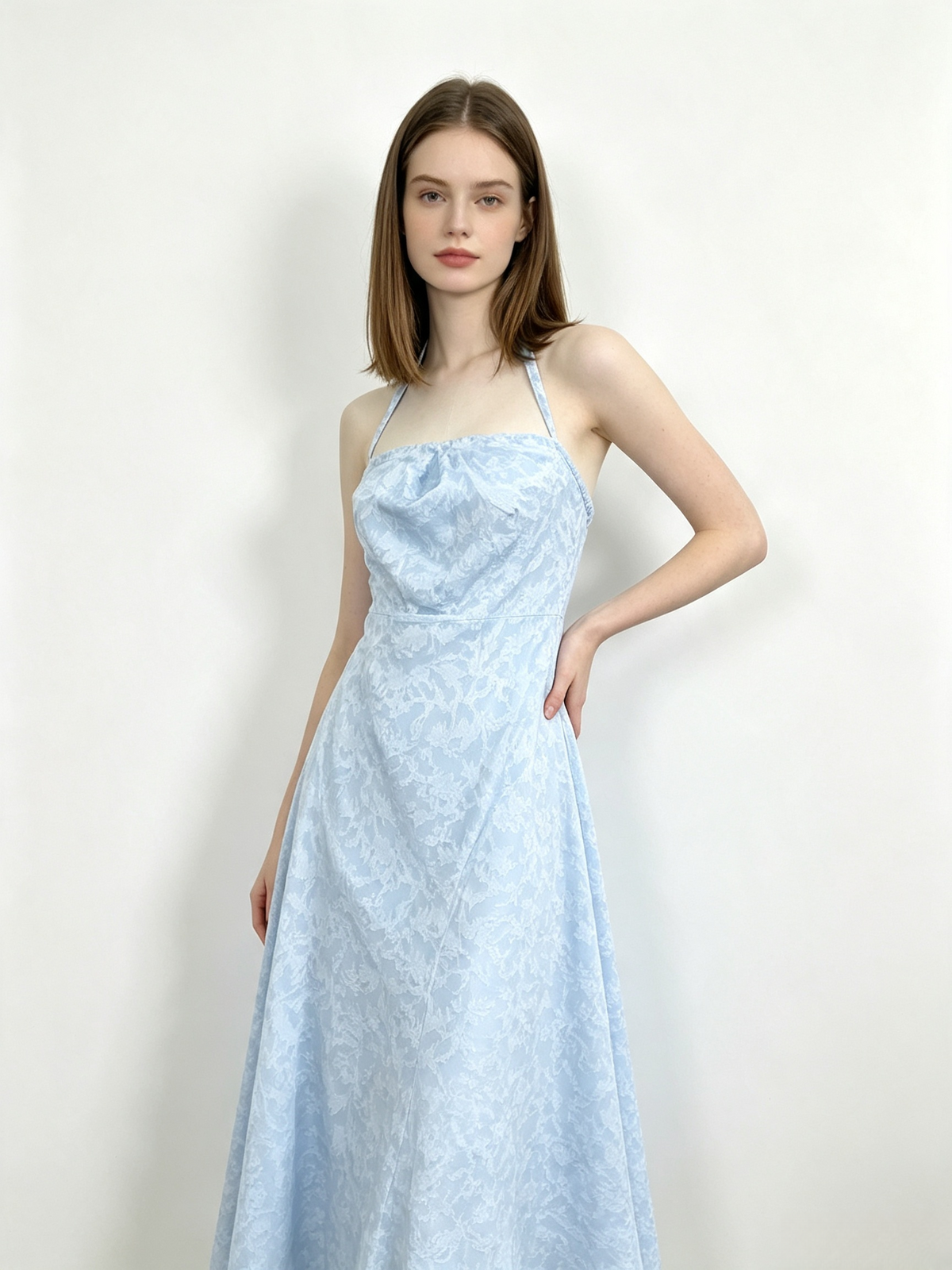 Light Blue Floral Halter Midi Dress