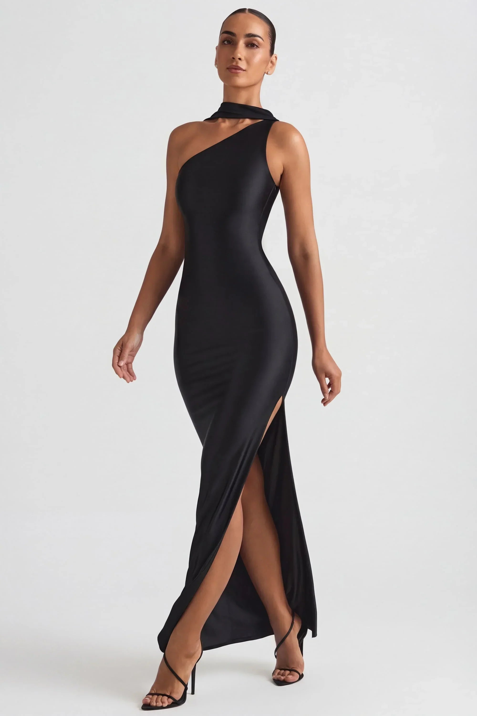 Asymmetric Scarf Detail Maxi Dress in Black