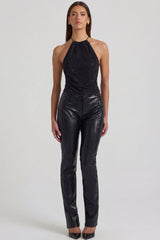 Faux Croc Leather Straight Leg Trousers in Black