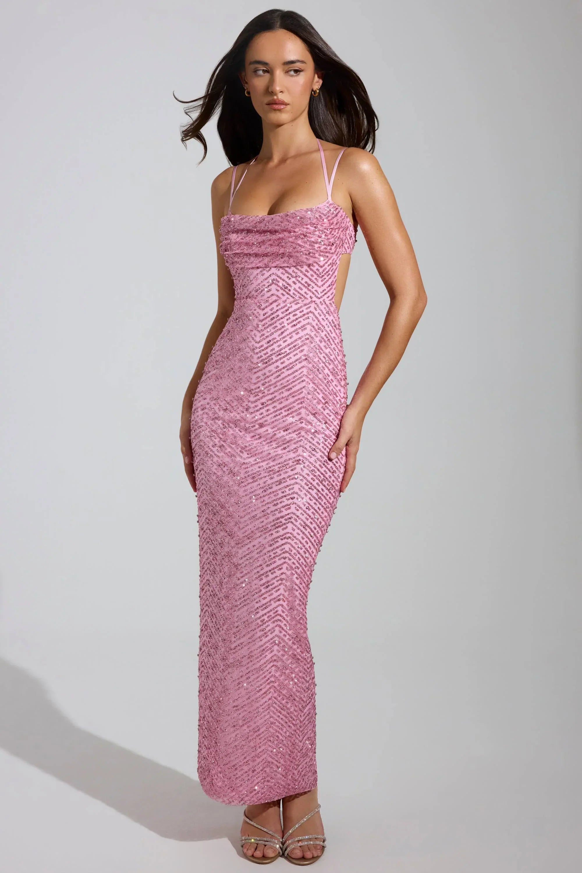 Embellished Cowl Neck Maxi Dress in Pink
