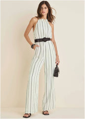 Striped Belted Jumpsuit Black White