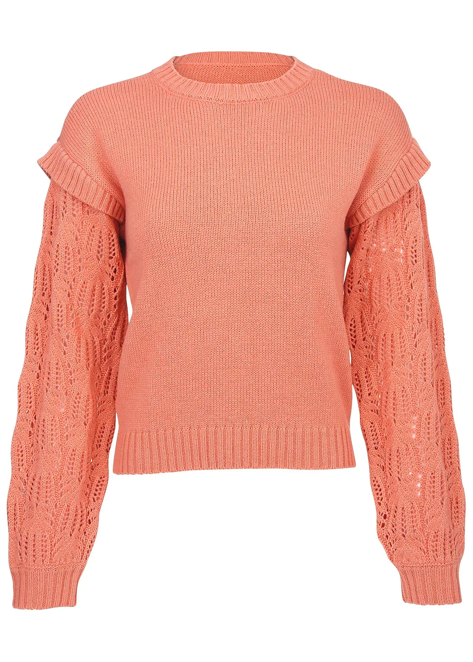 Pointelle Sleeve Crew Neck Burnt Coral