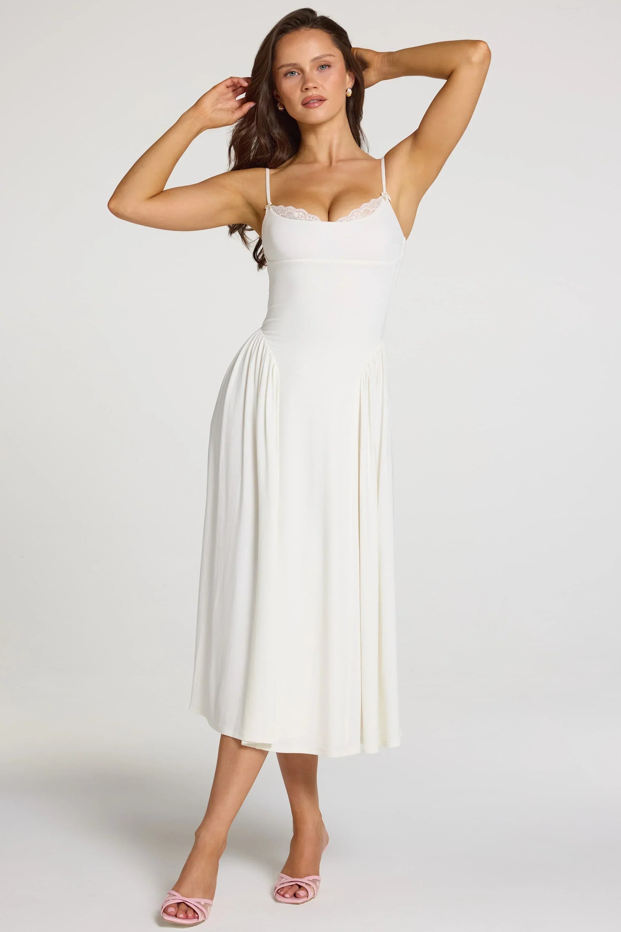 Modal Lace Trim Midaxi Dress in White