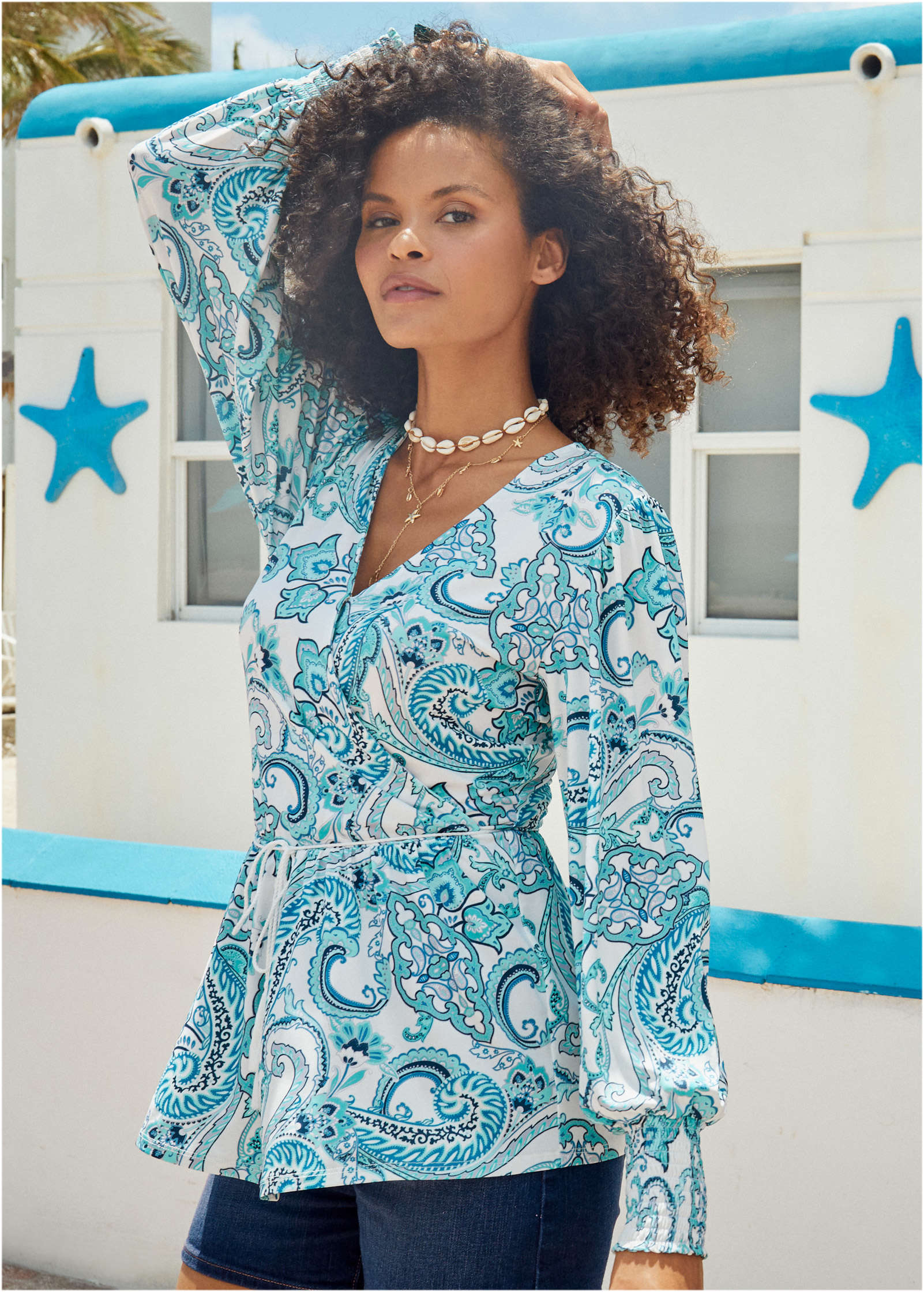 Balloon Sleeve Wrap Front Top Blue Paisley With Border